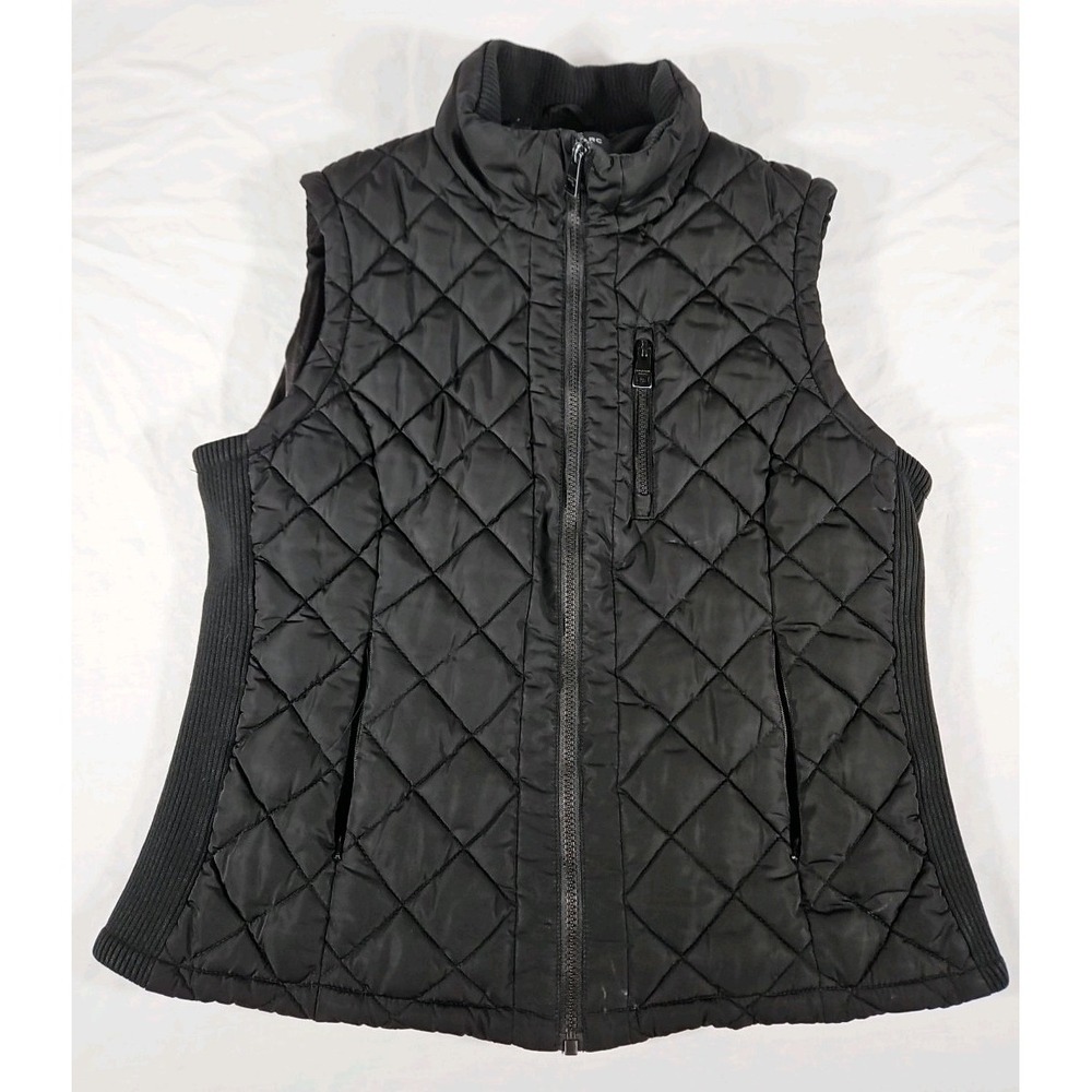 Andrew Marc Quilted Puffer Vest Full‎ Zip Black Pockets Womens Size Large